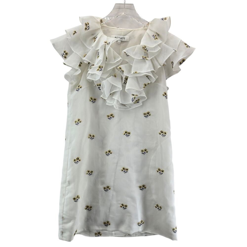 Elliatt Mini Dress Womens Small White Floral Embroidery‎ Ruffle Neck Coquette